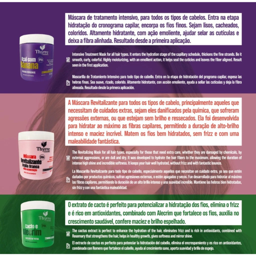 Thyrre Cosmetics Kit 3 Máscaras Capilares 500g (Açaí & Banana, Revitalizante, Cacto & Alecrim)